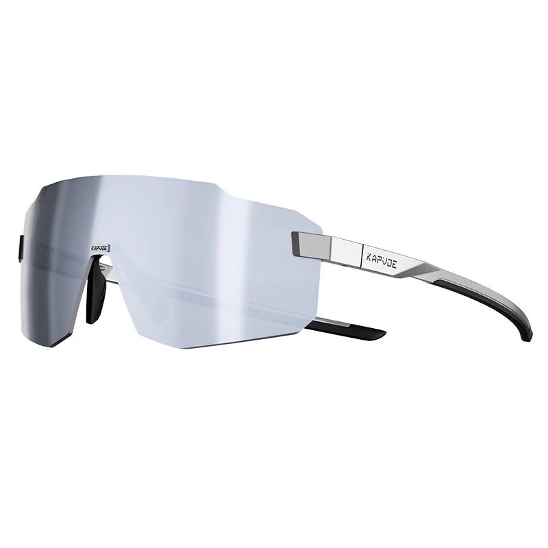 Photochromic cycling sunglasses with gray reflective shield lenses and white frame, black accents