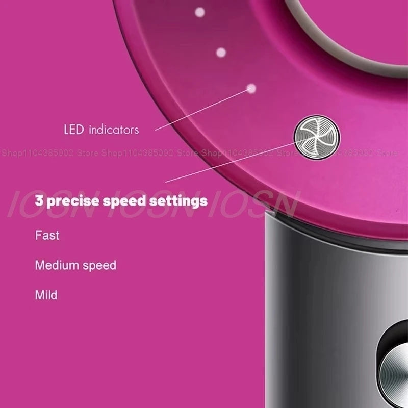 Pink leafless negative ion hair dryer with 3 LED speed settings for professional, quick-dry styling.