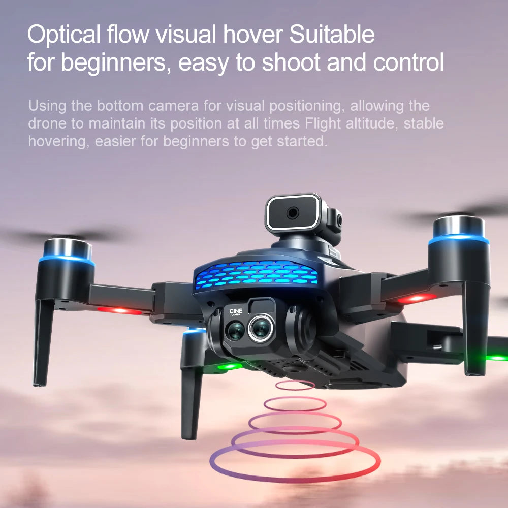 Black quadcopter drone with blue LED accents and a front-facing camera, designed for stable hovering and aerial photos.