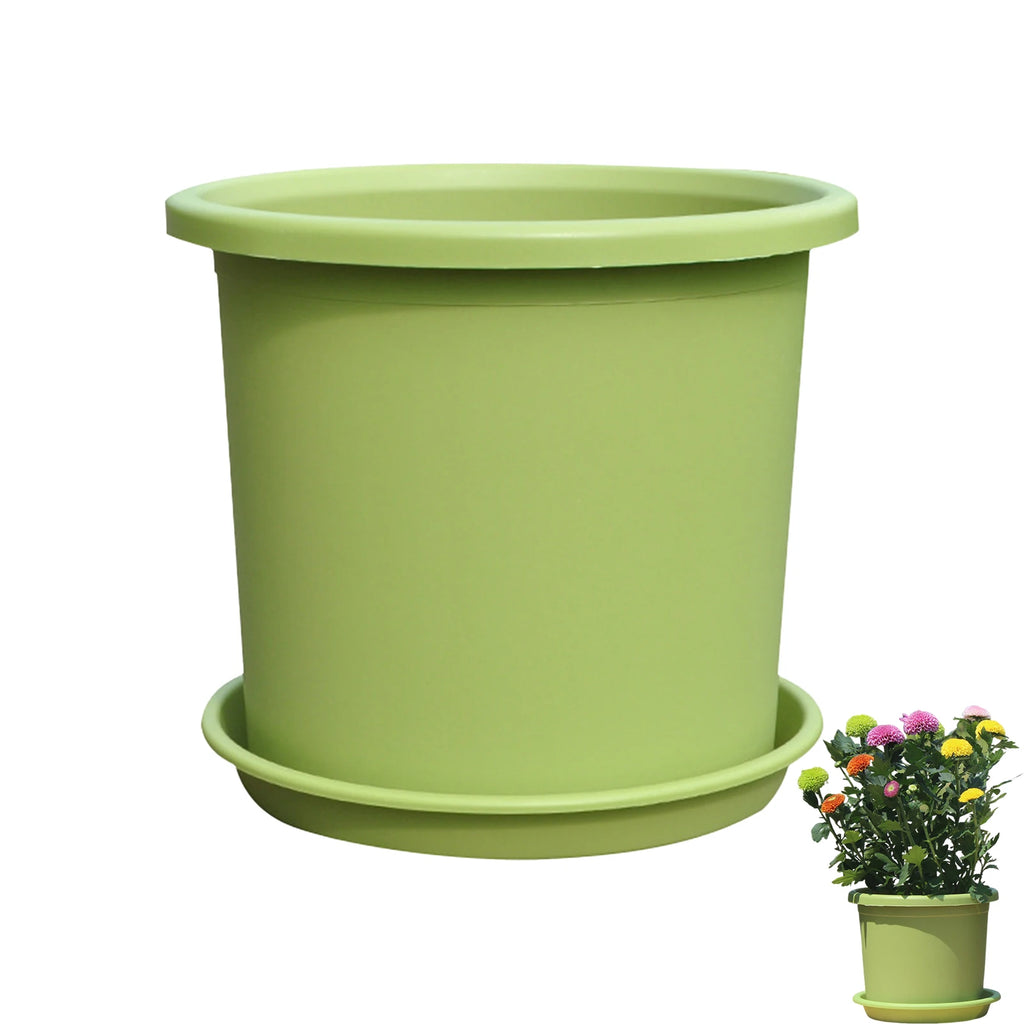 Green thick plastic self-watering flowerpot with matching saucer base (large size)