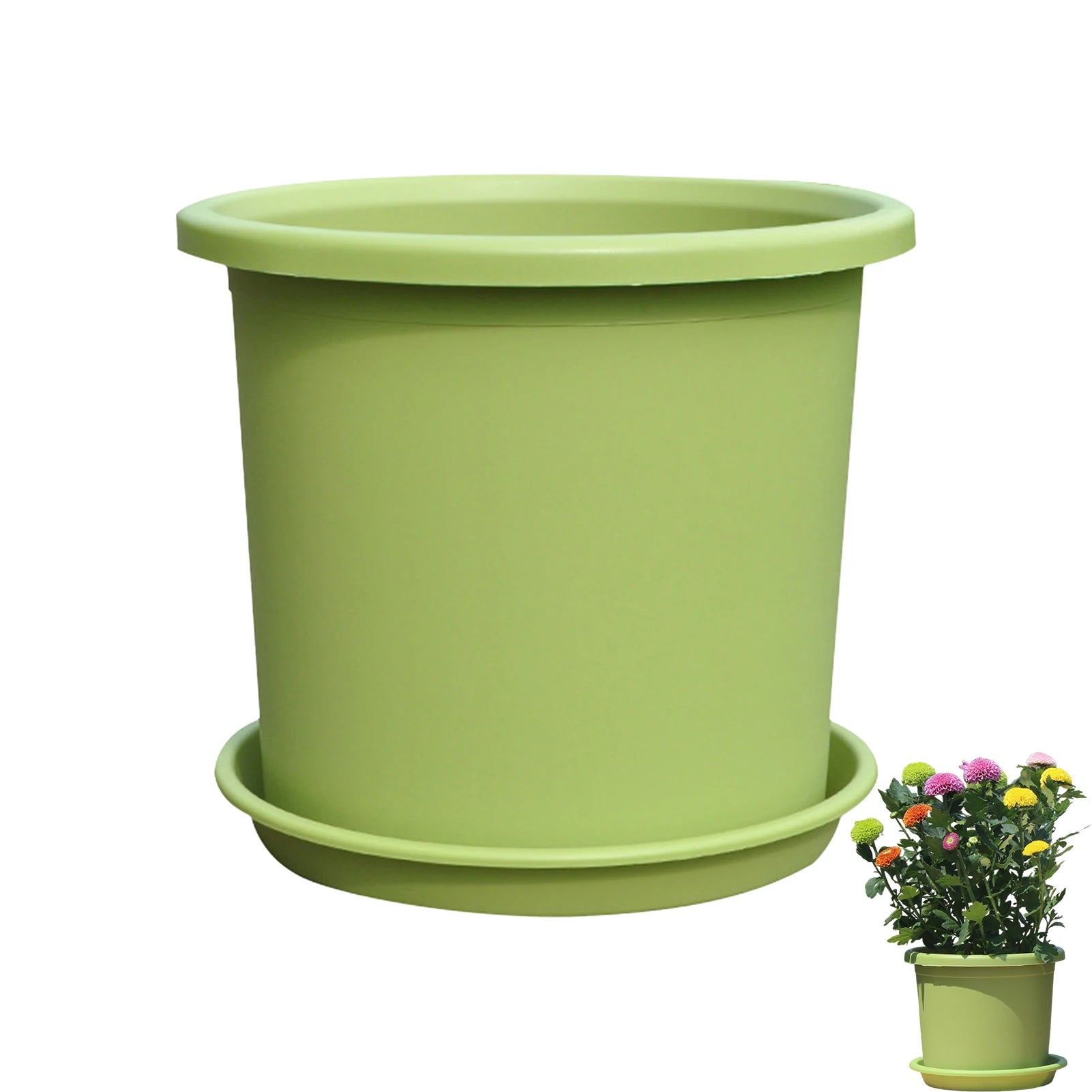 Green thick plastic self-watering flowerpot with matching saucer base (large size)