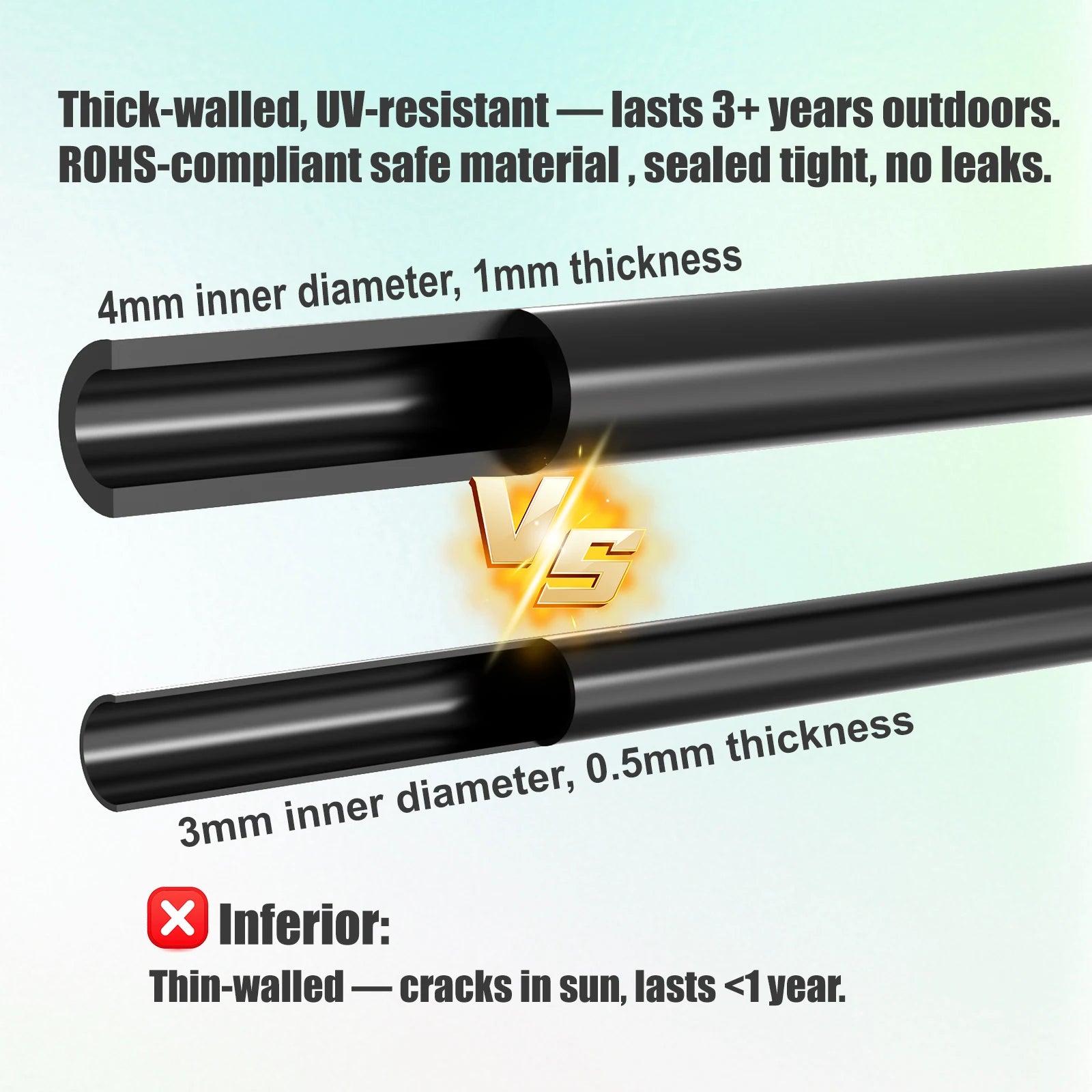 UV-resistant thick black irrigation tube, showing inner diameter and wall thickness comparison