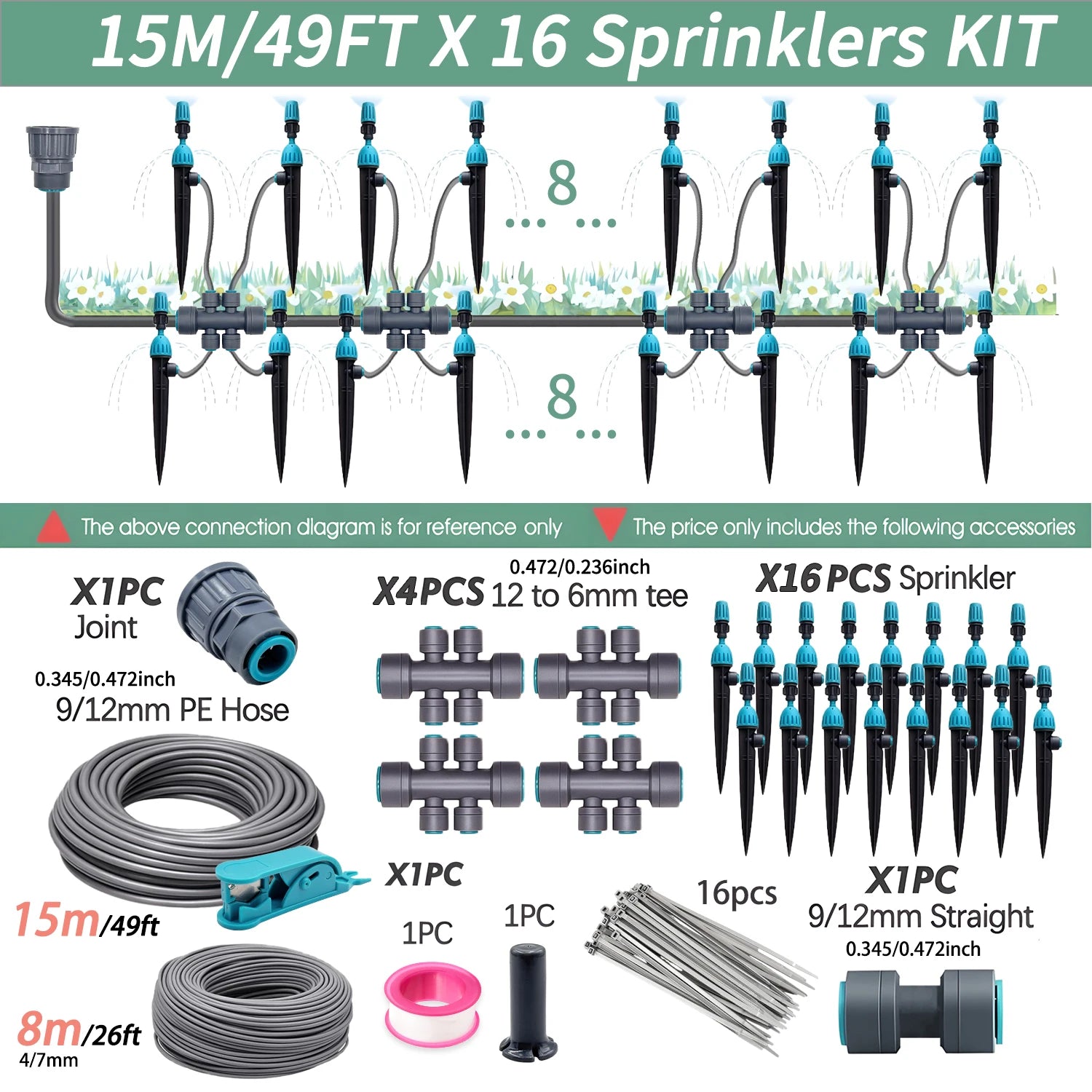 15m sprinkler kit set with 9/12mm PE hose, multi-way tees, and spike sprinklers