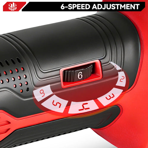 Red and black oscillating multifunction tool with six-gear speed dial selector