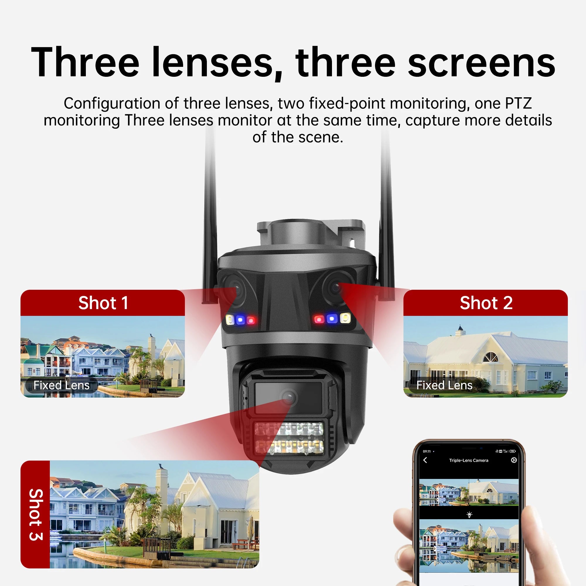 Three Lens Outdoor 6K HD WIFI IP Camera Three Screen PTZ Camera AI Human Detection IP66 Waterproof CCTV Video Surveillance ICsee