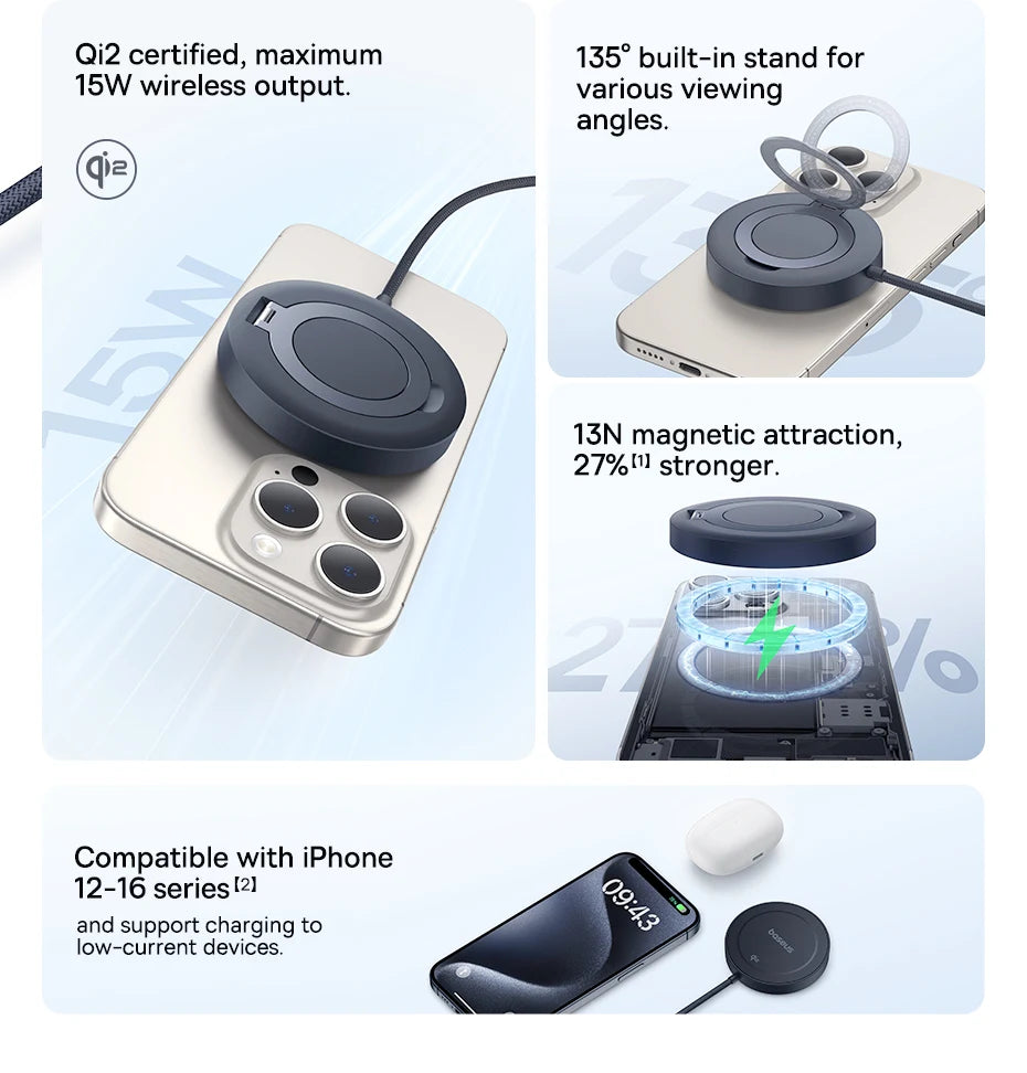 Magnetic Wireless Charger for iPhone 16/15 with Adjustable Stand Tidesmit