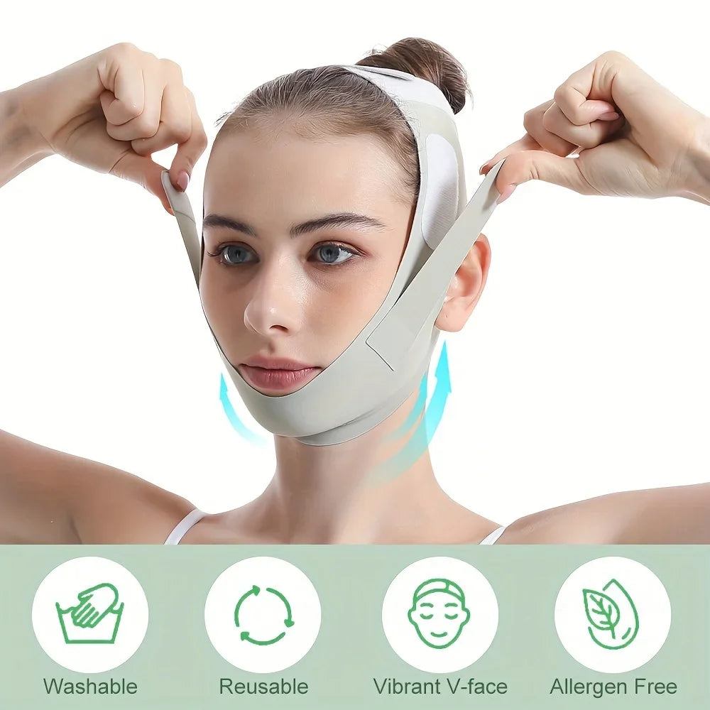 A woman wearing a beige, adjustable V-line face slimming bandage strap, shown with four green benefit icons below.