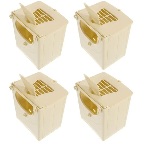 Set of four beige plastic bird nesting huts with rounded entrance and side vent