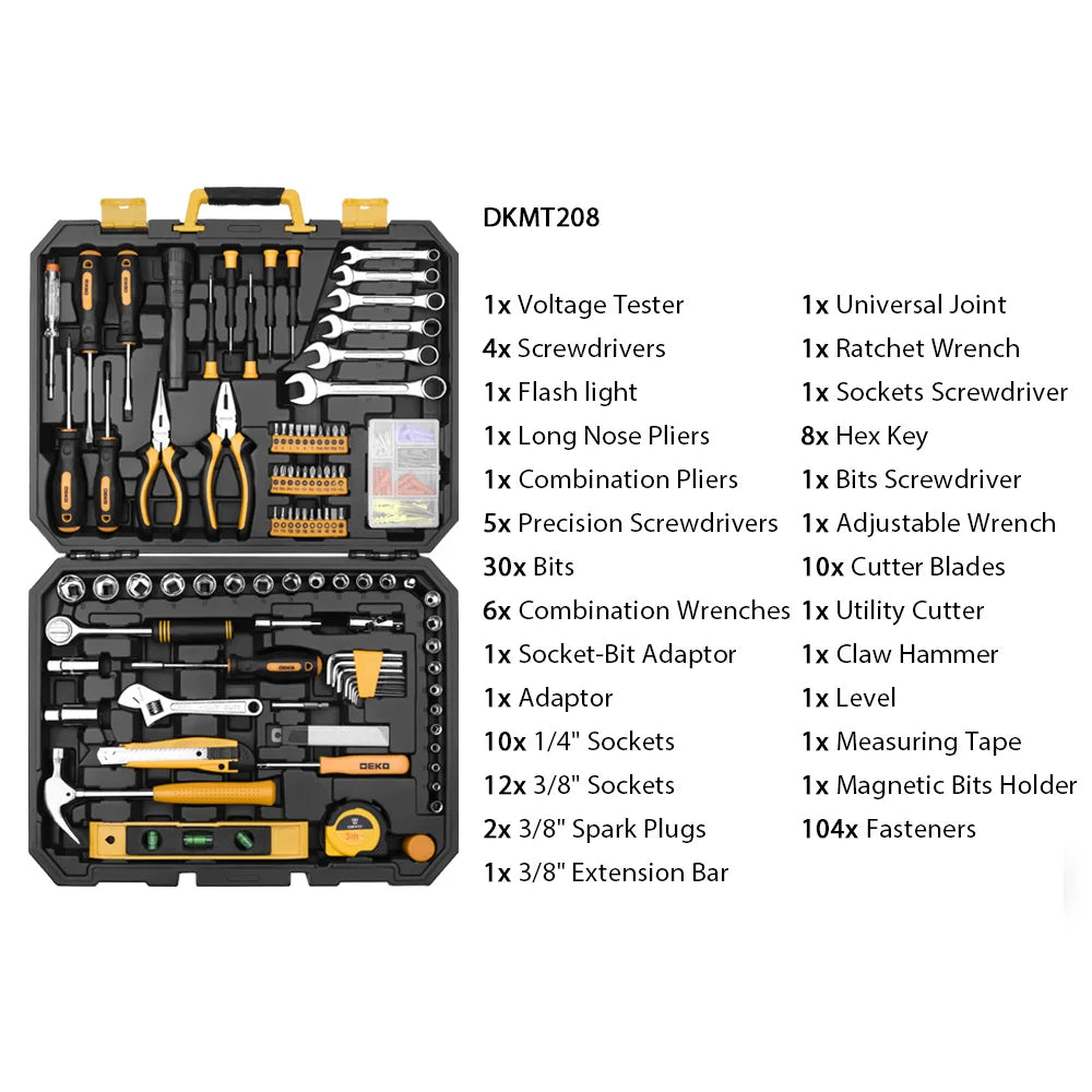 DKMT208 tool set contents list with sockets, bits, screwdrivers, pliers, and tester