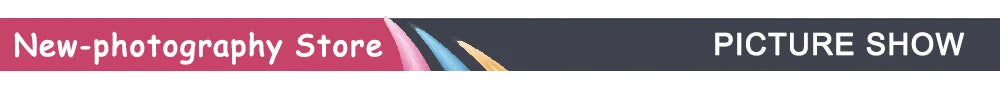 Rectangular banner with pink and dark gray sections, featuring the text "New-photography Store" and "PICTURE SHOW."