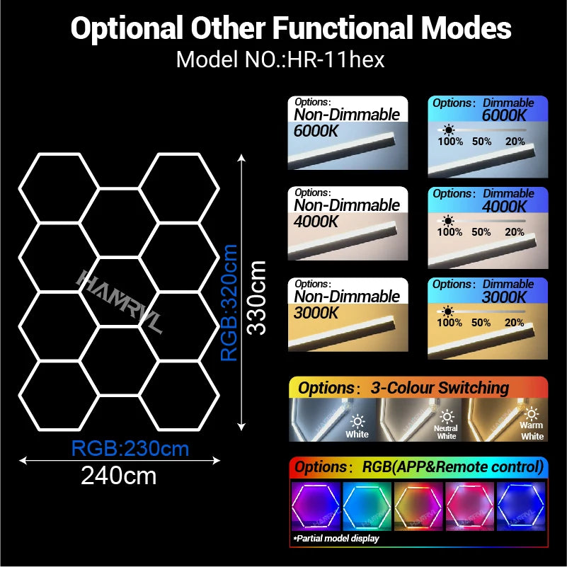 Large hexagon honeycomb LED ceiling light panel array with RGB color options and dimming