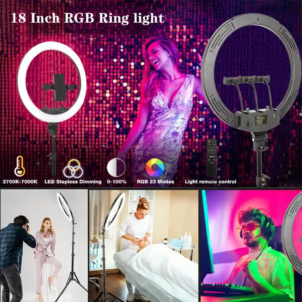 18 Inch RGB LED Ring Light with Tripod - Dimmable Studio Lighting Tidesmit