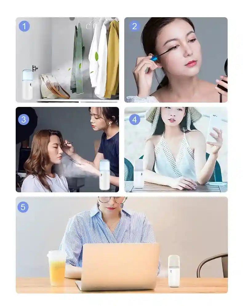 Portable white nano facial mister USB sprayer for hydrating skin, eyelash extensions, and daily makeup routine.