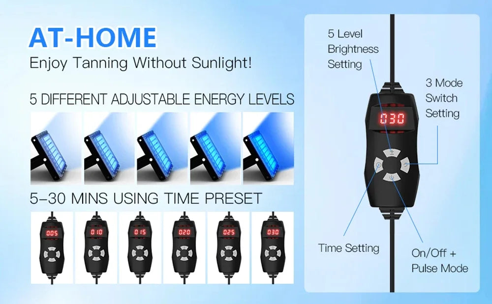50W LED tanning lamp with 96 blue light bulbs, adjustable brightness, timer, and modes for home skin tanning sessions.