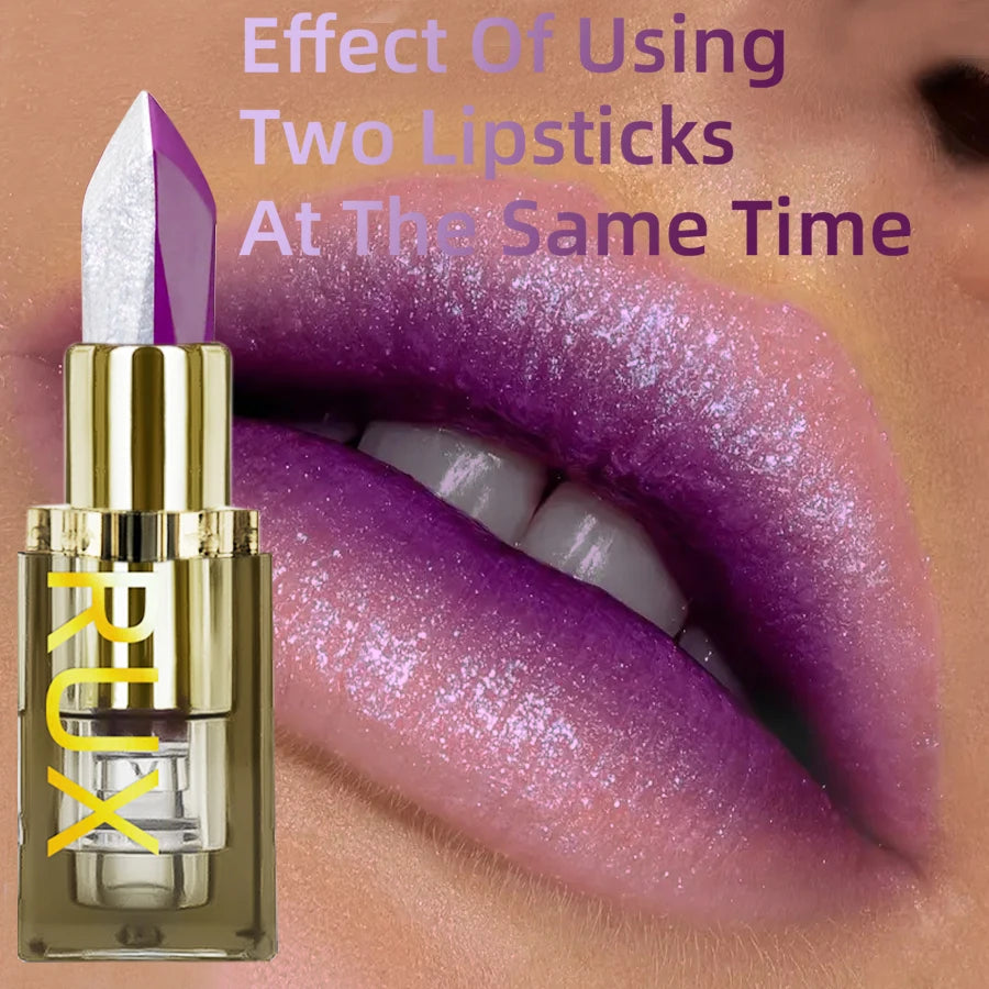 Two-tone purple and glitter lipstick in a gold case, creating a moisturizing, shimmering ombre effect on lips.