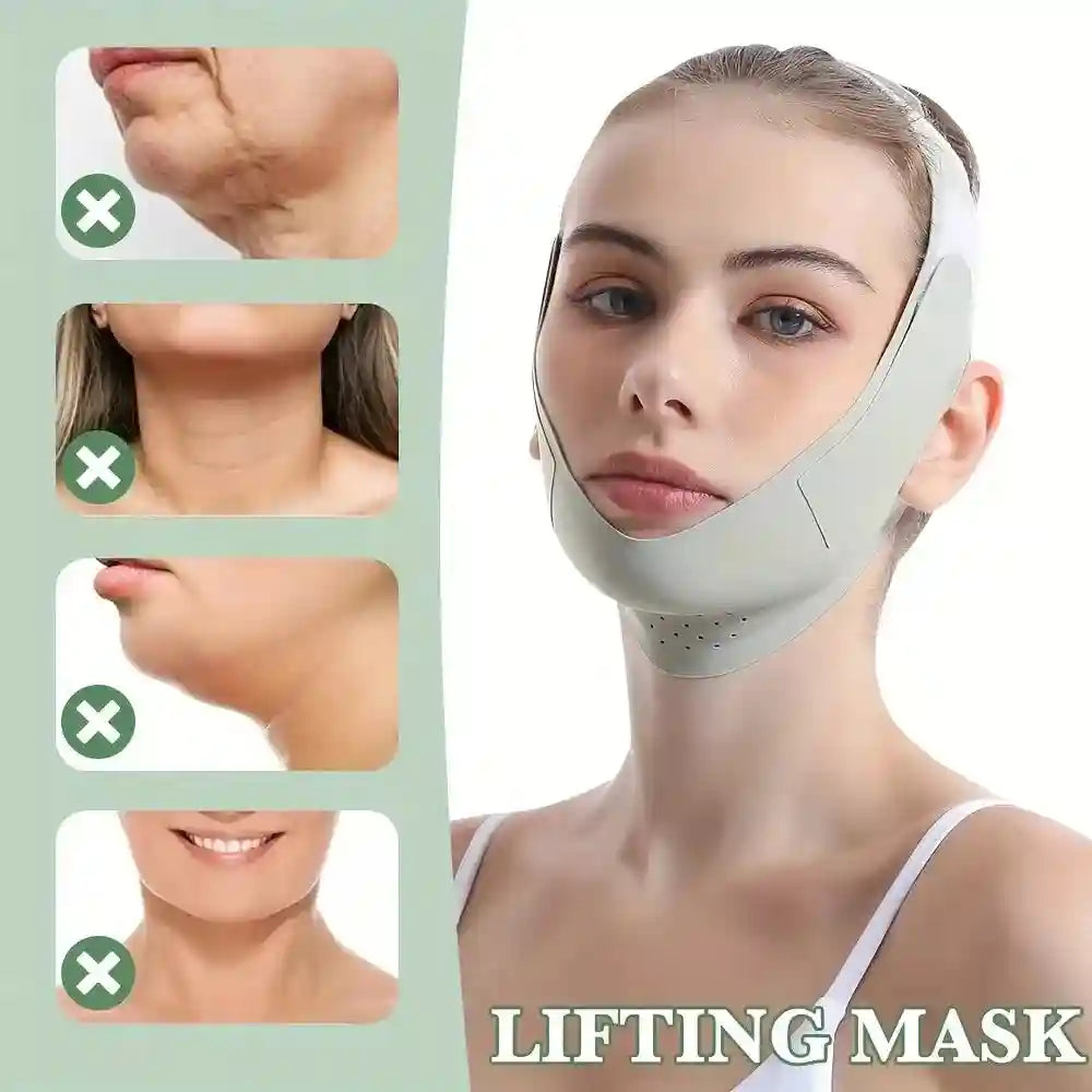 Beige, ergonomic V-line lifting mask made of breathable fabric for tightening the jawline and chin area.