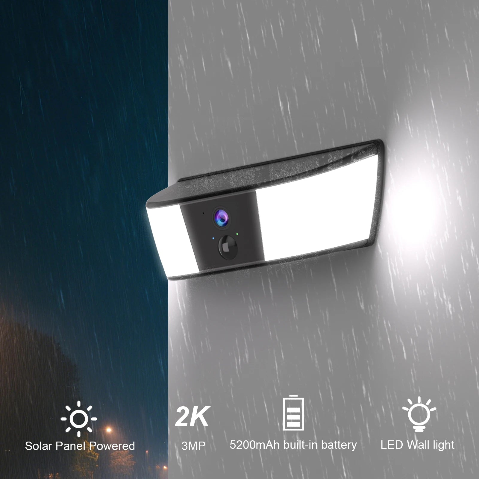 2K Solar Camera Wall Light Outdoor Surveillance Camera 5200mAh Battery Camera Color Night Vision Local Alarm Humanoid Detection