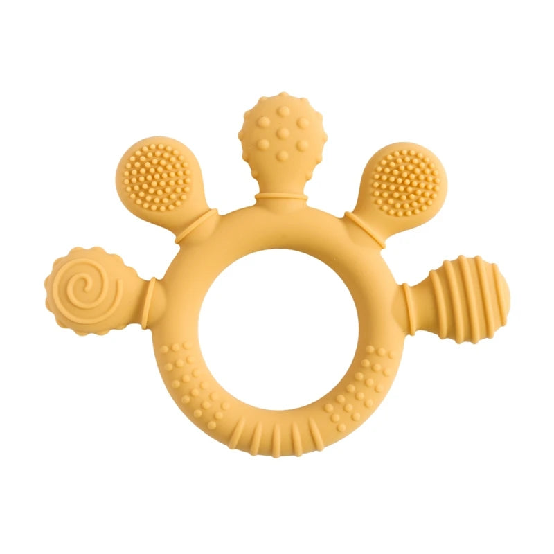 Mustard yellow silicone baby teething ring toy for infant gum relief.