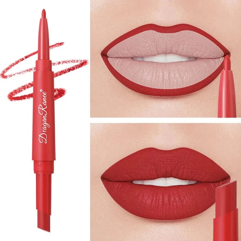 Dual-ended rose red matte lip liner and lipstick pencil for long-lasting, waterproof, moisturizing lip makeup.