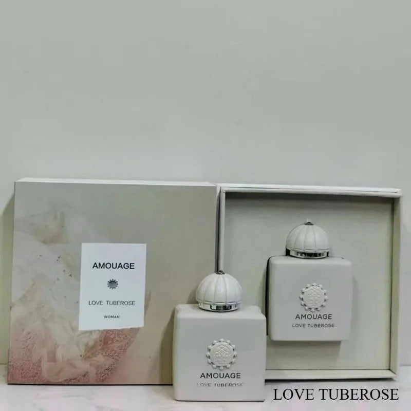 Amouage Love Tuberose luxury floral EDP for women. White square bottle, vanilla, woody, musk notes. Elegant gift set.