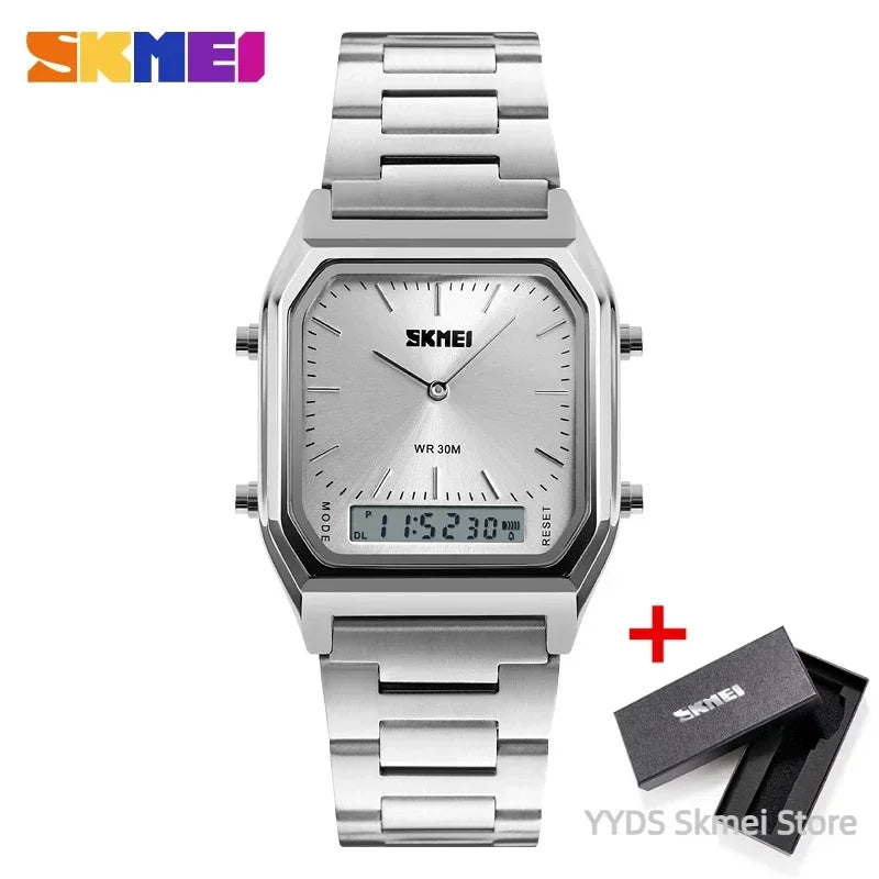 Tidesmit silver stainless steel square men's watch with analog hands and digital display, including a branded gift box.