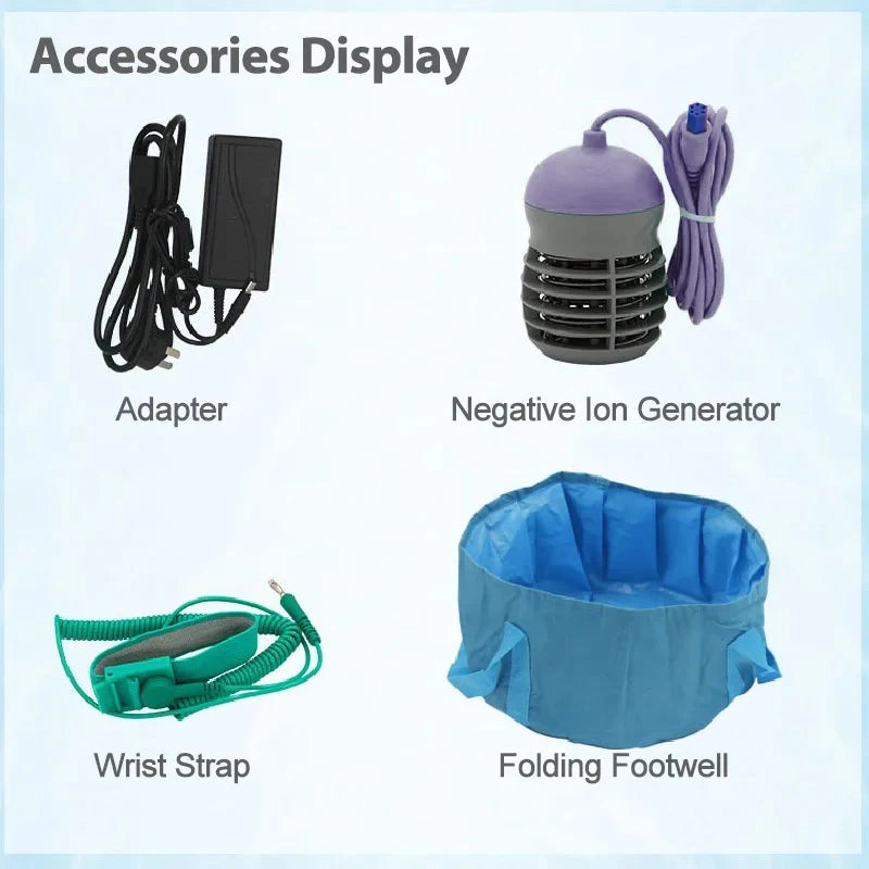 Ionic foot bath detox machine accessories: adapter, negative ion array, wrist strap, and blue folding foot spa basin.