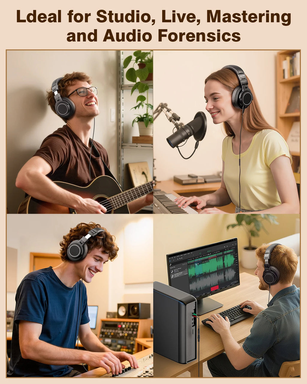 Wired Studio Headphones with Microphone - Over-Ear DJ Monitor (Black) Tidesmit