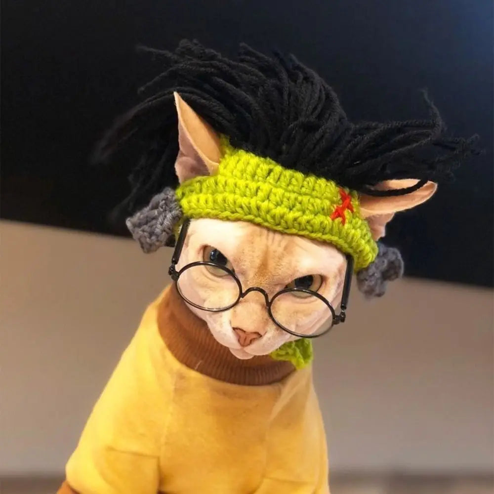 Sphynx cat wearing a funny green knitted elastic cosplay hat with hair for a cute, adjustable pet costume look.
