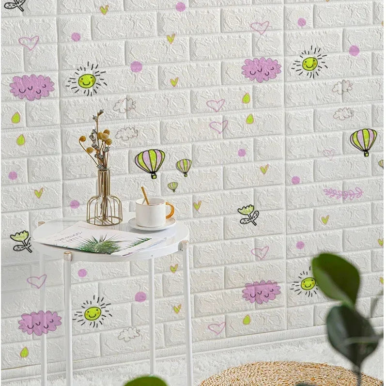 3D self-adhesive white brick wallpaper with colorful flowers, hearts, and sun accents