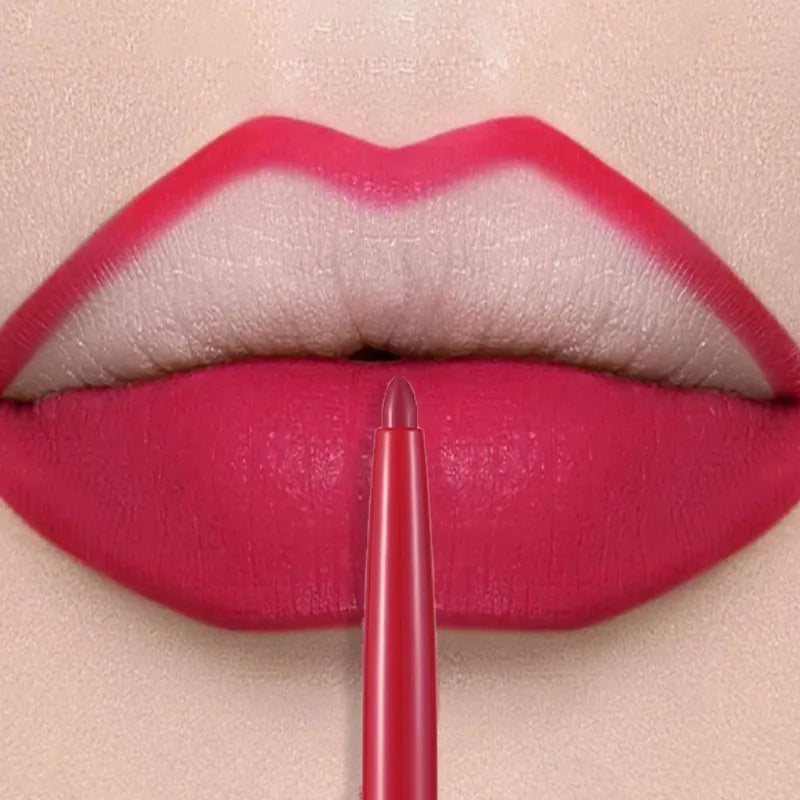 Long-lasting matte lip liner pen in vibrant pink, featuring a smooth, waterproof, velvet-finish crayon for lip makeup.