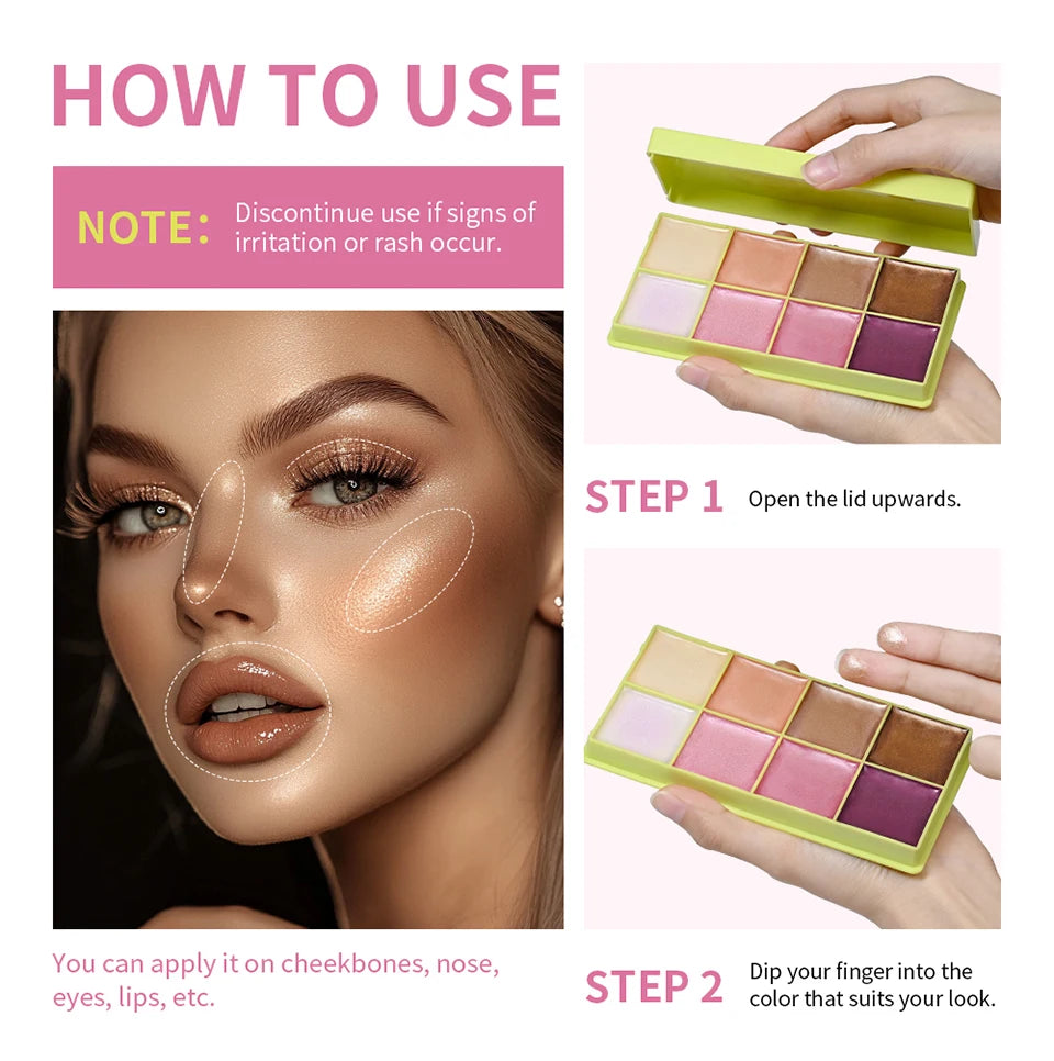 Tidesmit blush eyebrow cream highlighter palette with 8 matte and shimmer shades for natural long-lasting face makeup