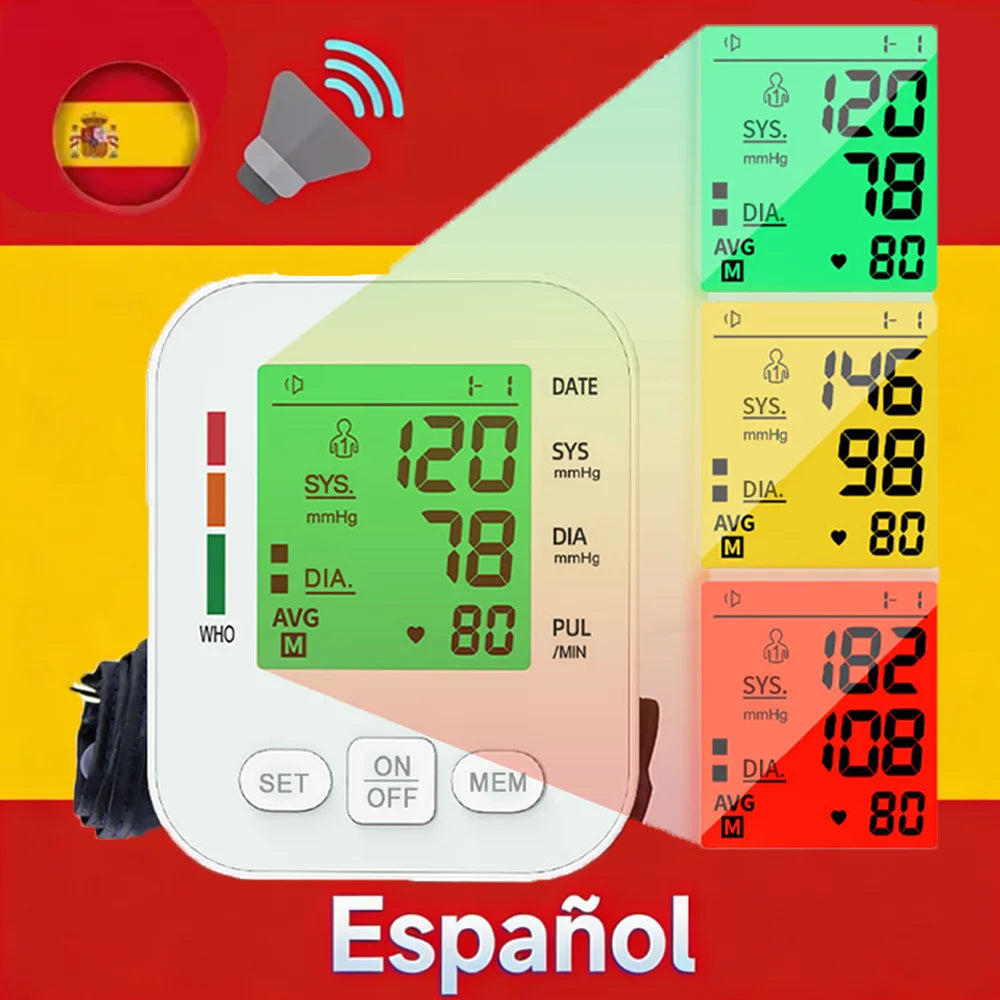 Spanish Voice Arm Automatic Blood Pressure Monitor BP Sphygmomanometer Pressure Meter Tonometer for Measuring Arterial Pressure
