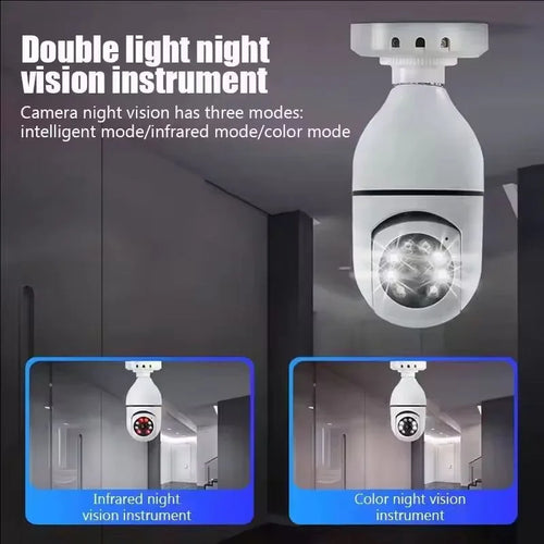 White WiFi bulb security camera showing infrared and color night vision modes