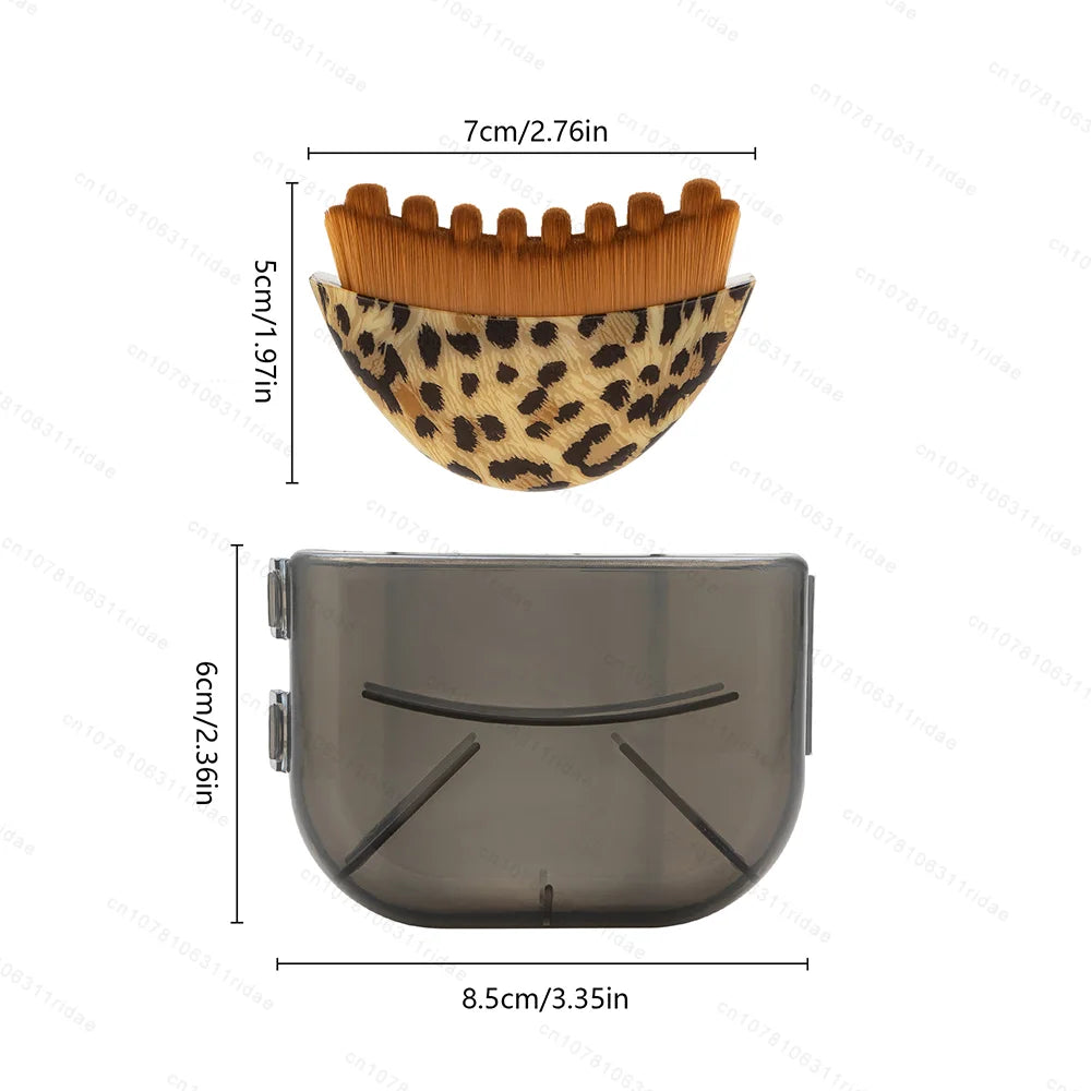 Leopard-print facial contour brush with brown bristles and a matching translucent grey storage case, with dimensions.
