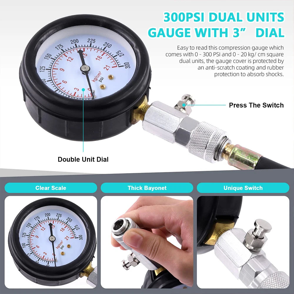 Podofo 8PCS Petrol Engine Cylinder Pressure Gauge 0-300PSI Automotive Compression Tester with Adapters for Vehicle Motorcycle