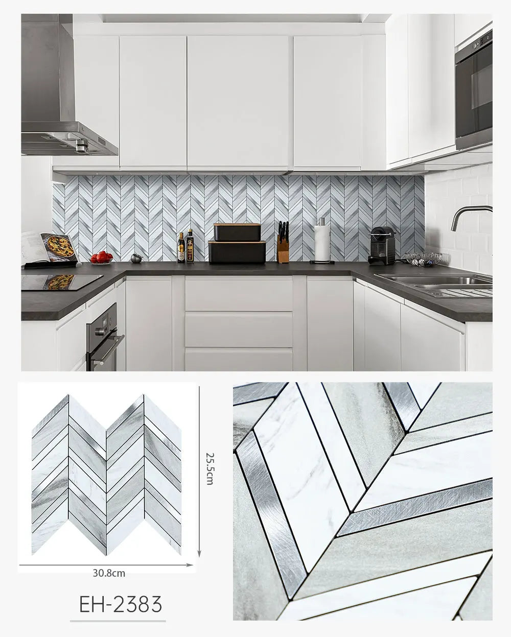 Herringbone Peel and Stick Backsplash, Faux Stone PVC Self Adhesive Marble Tiles for Kitchen Bathroom
