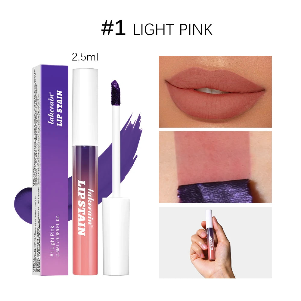 Lakerain peel-off lip stain in Light Pink. Matte finish liquid lipstick, waterproof long-lasting lip makeup swatch.