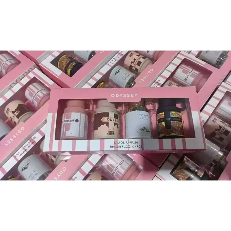 Armaf Odyssey unisex EDP mini perfume set (4x30ml). Luxury Arabic oriental fragrance collection in travel-size bottles.