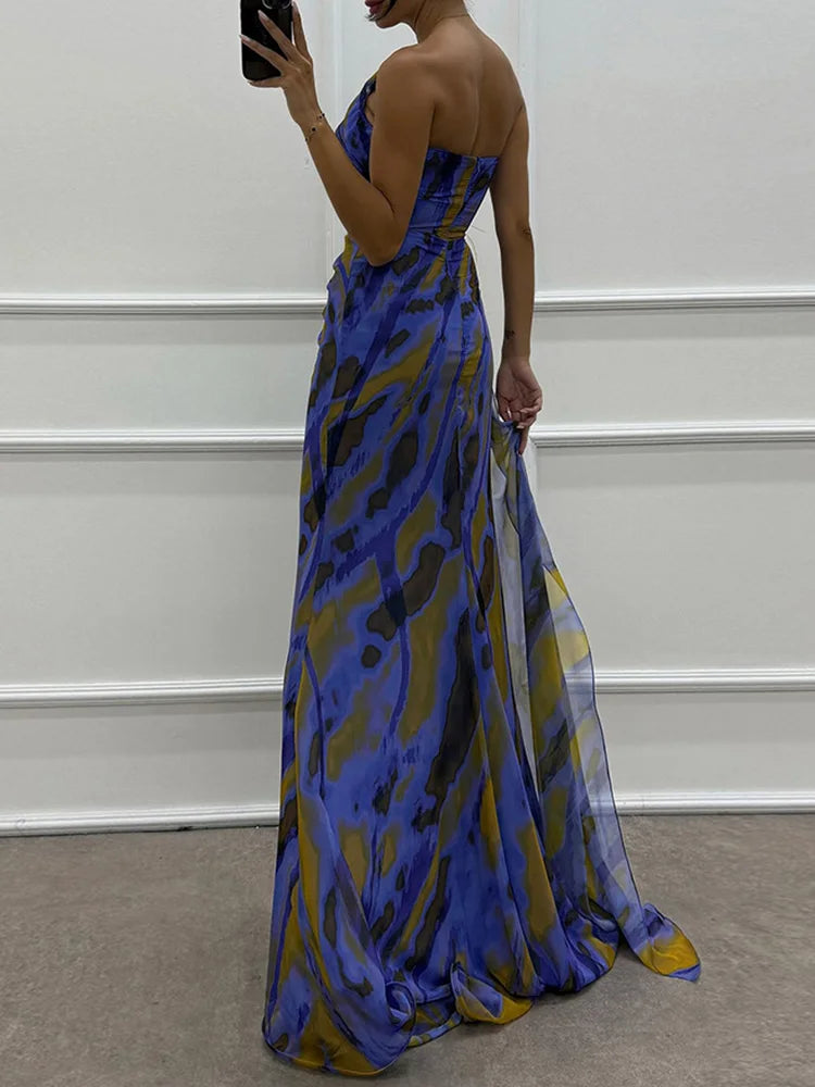 Printed Skew Collar Simple Party Dress, Women Summer Patchwork Sleeveless Elegant Maxi Dress, 2024 Backless Fashion Ladies Dress