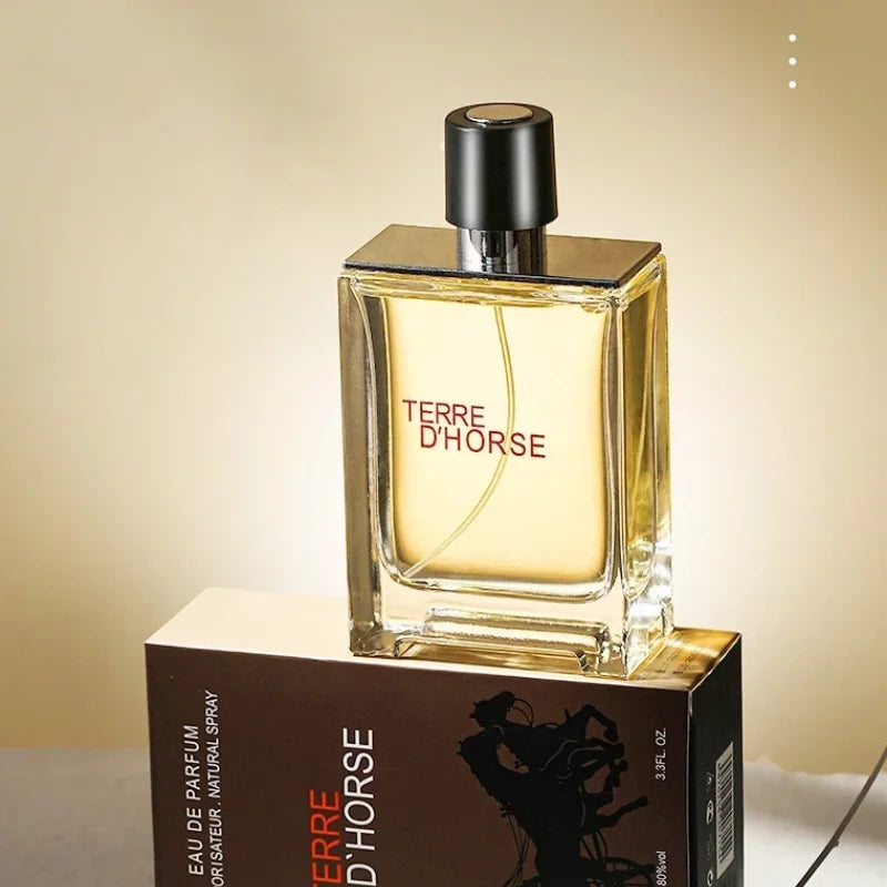 JEAN MISS Terre D'Horse EDP: Rectangular glass bottle, woody spicy men's fragrance, long-lasting energetic cologne.