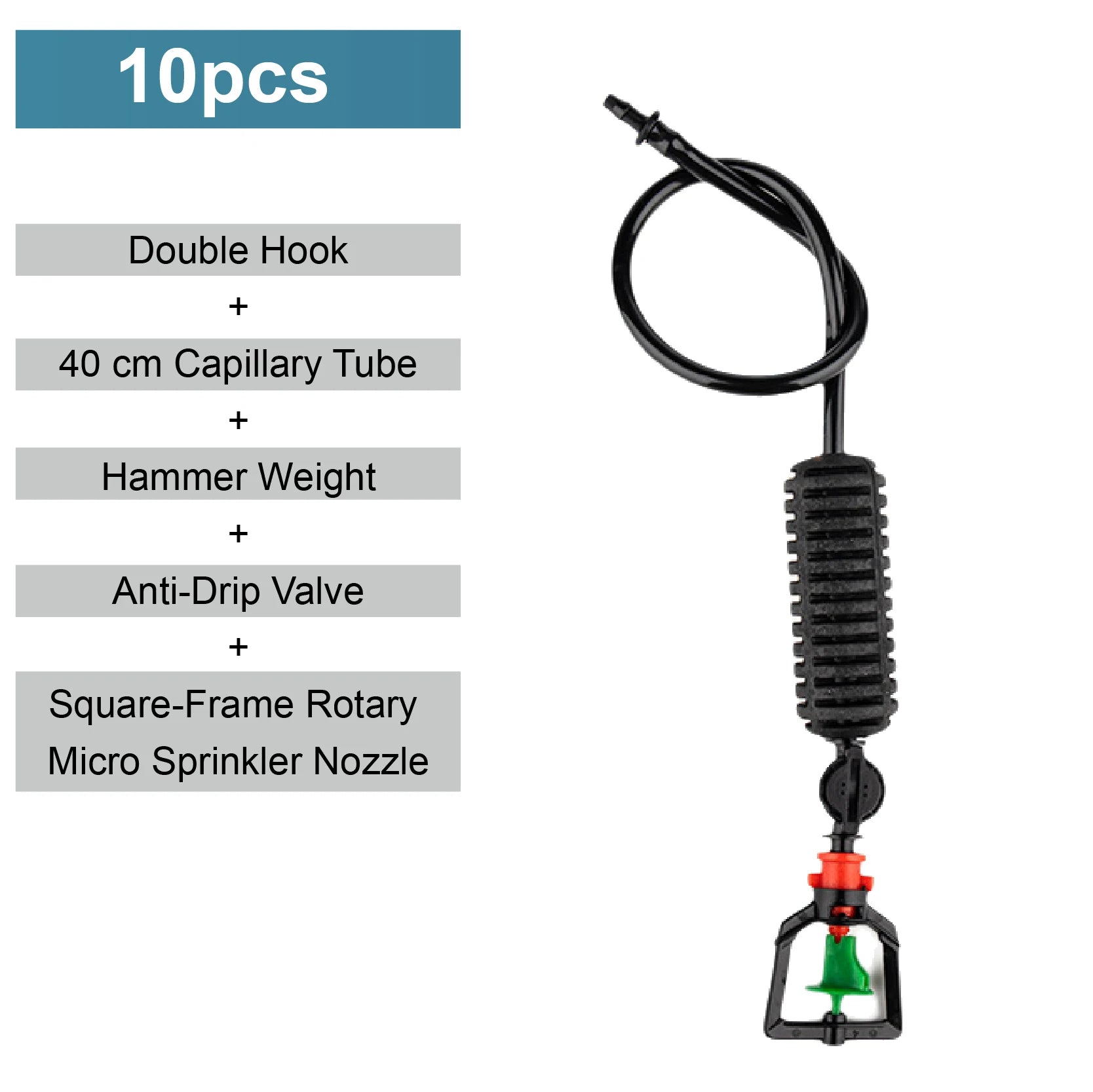 Garden hanging mist sprayer nozzle with black tube and green square rotary sprinkler