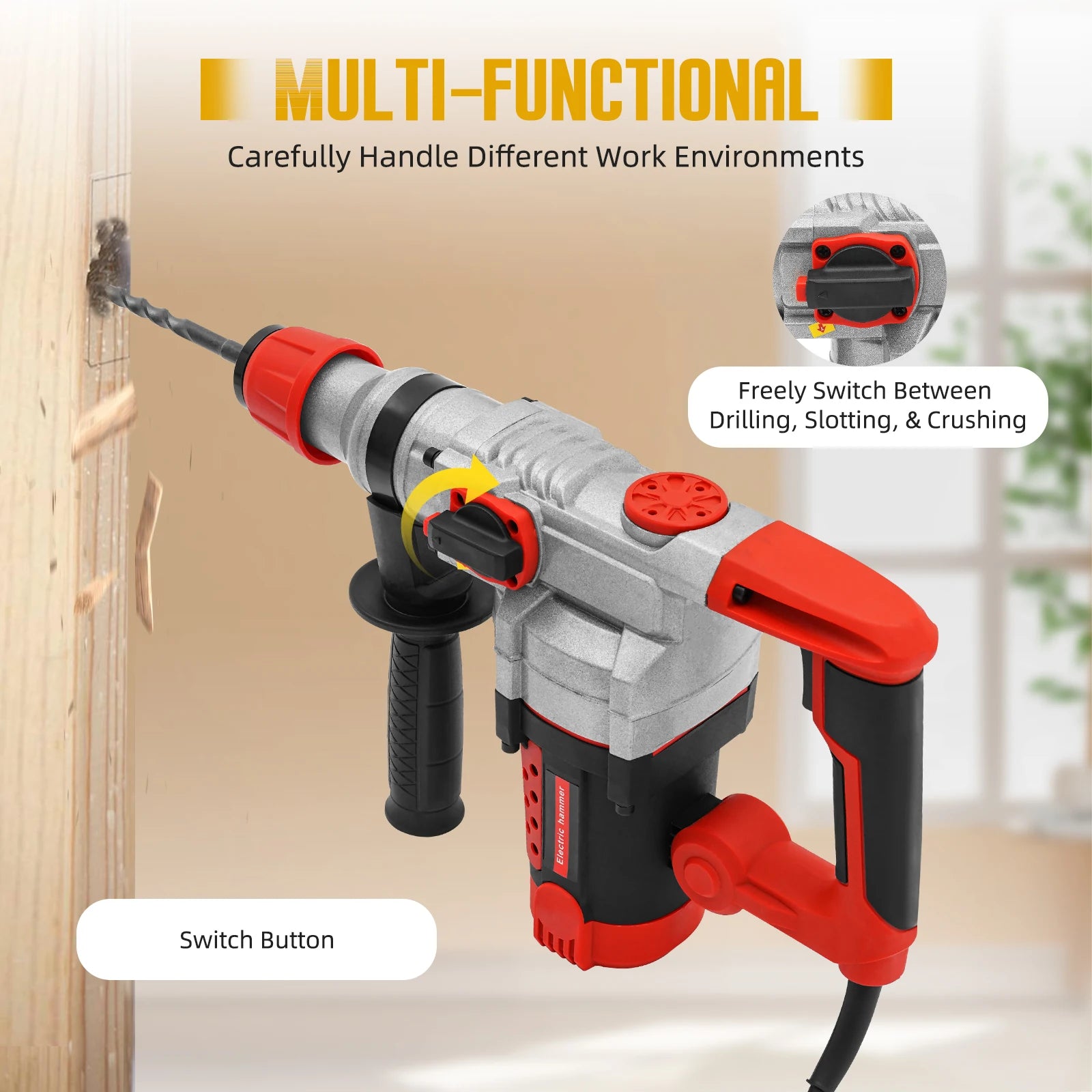 2200W Rotary Hammer Drill with 6 Drill Bits & Toolbox, 4 In 1 Electric Concrete Perforator, Multi-Function Electric Hammer Kit