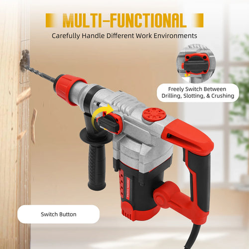 Red and gray rotary hammer drill with front bit holder and side handle