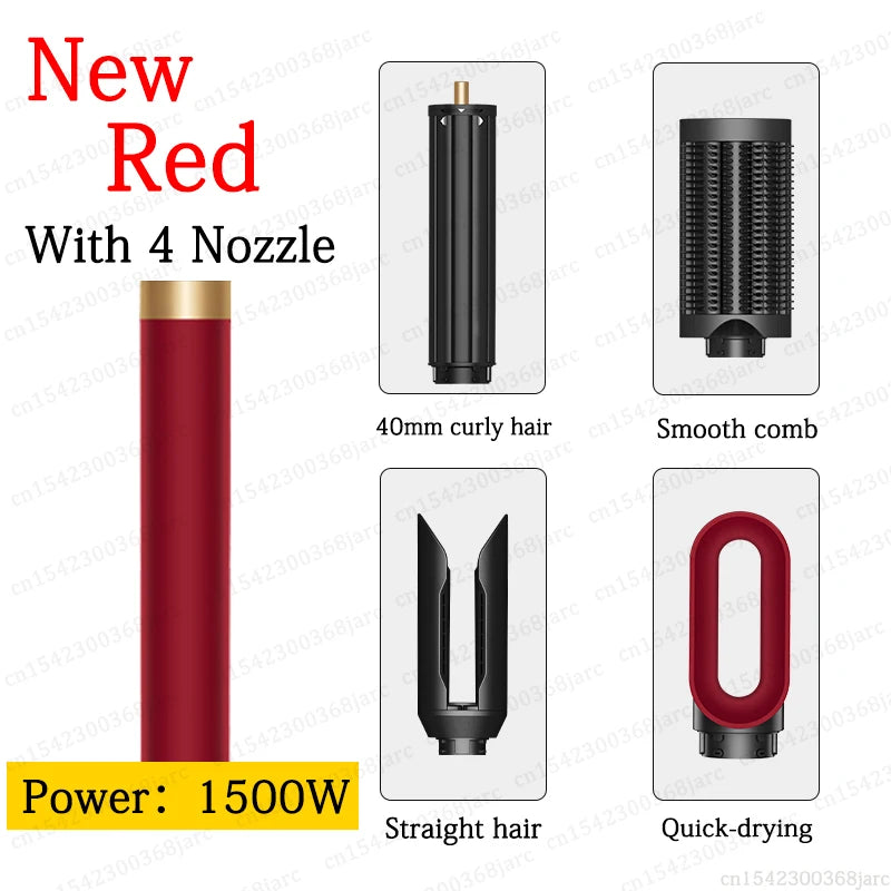 SenCiciMen X9 red multi hair styler with 4 attachments: curling barrel, smooth comb, straightener, and dryer nozzle.