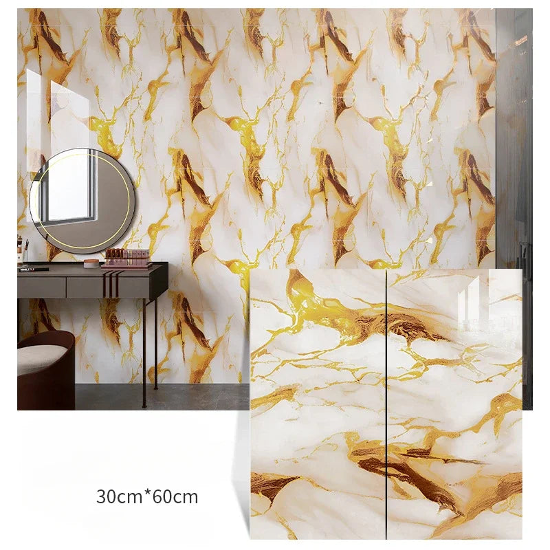 Self-adhesive marble-pattern wall sticker set, creamy white with rich gold and brown marbling, 3-panel