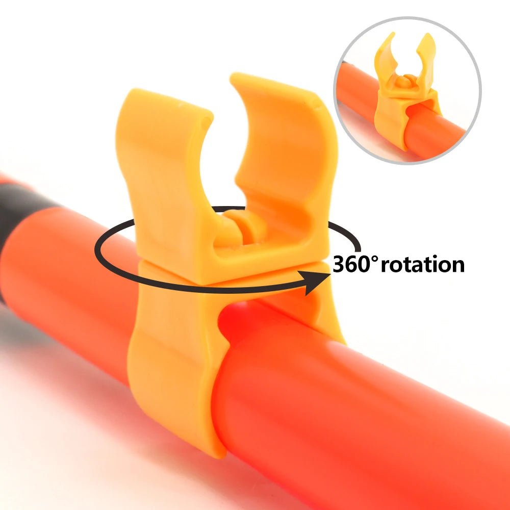 Portable dog agility hurdle pole with 360-degree rotating orange plastic clip for easy outdoor training setups.