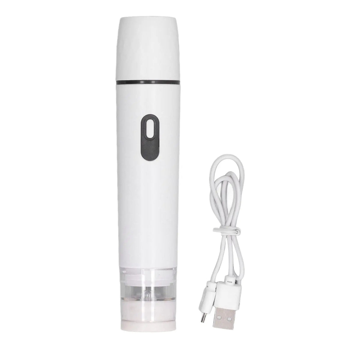 White rechargeable handheld vacuum sealer with clear base and USB charging cable