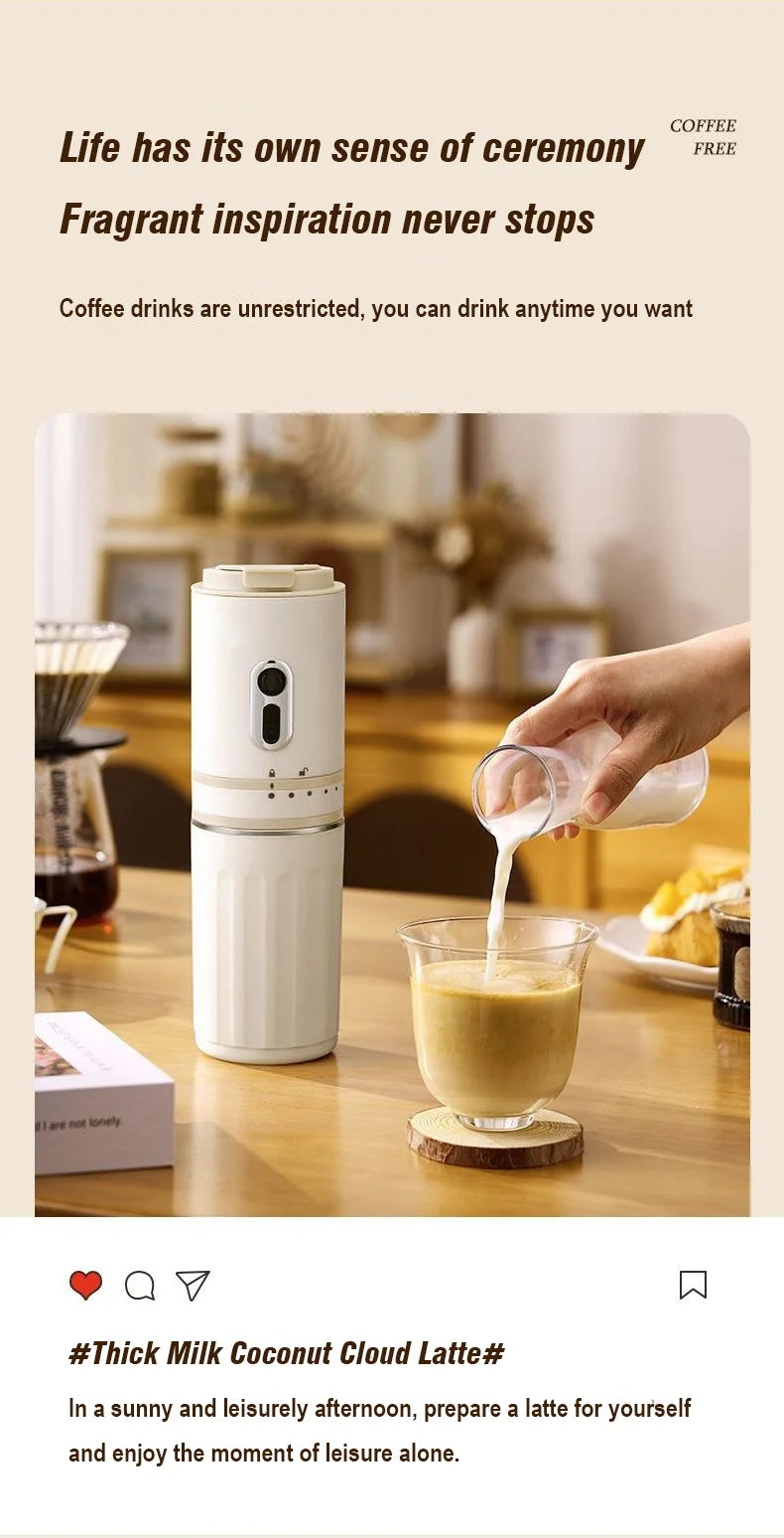 Portable white electric coffee maker pouring milk into a latte on a wooden table, compact design for home brewing.