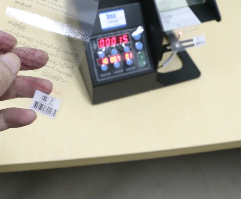 Automatic label stripper machine applying label to paper on a work surface.
