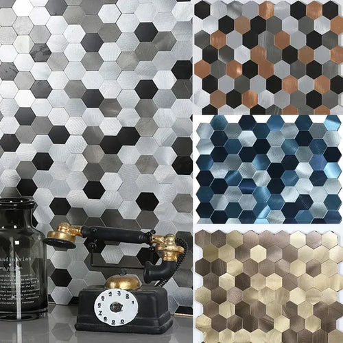 Assorted hexagon metal-look peel-and-stick tiles in silver, black, copper, and blue